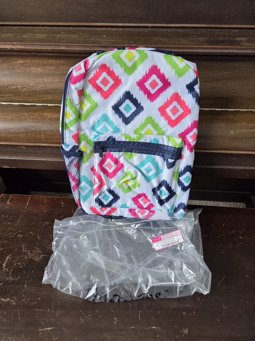 thirty-one White Backpack with Pink, Teal, Lime & Navy Diamond Print